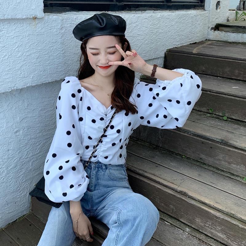 Spring new French style retro style V-neck wave point foreign style short style bubble sleeve long sleeve shirt woman