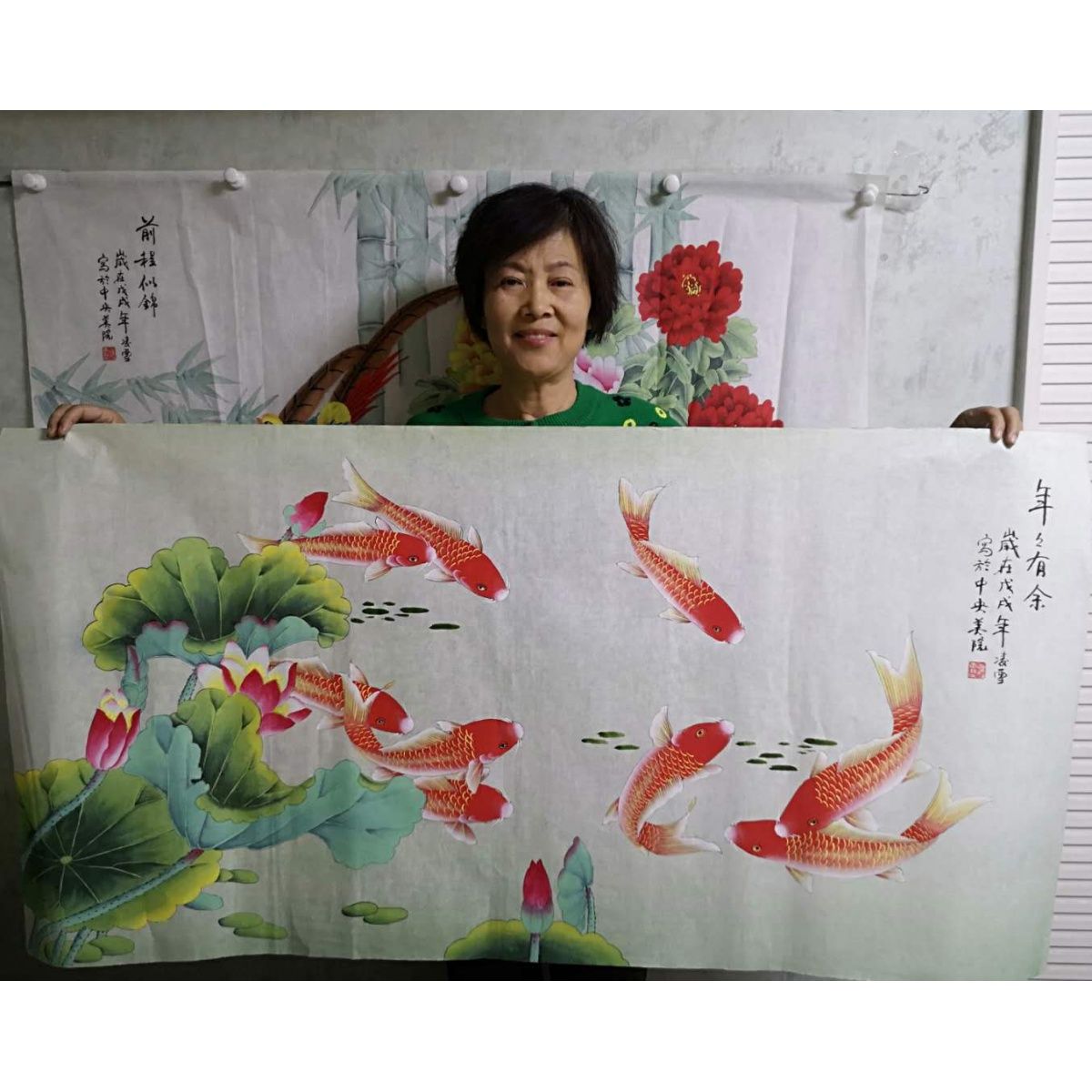 四尺横幅纯手绘工笔九鱼荷花图国画 真迹客厅餐馆送礼品 字画挂画