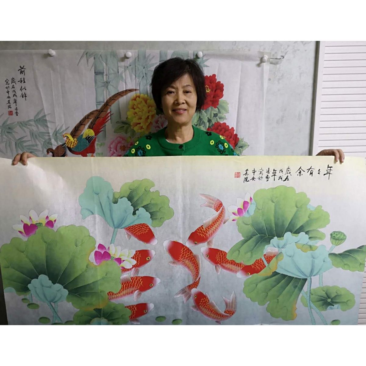 字画 四尺横幅纯手绘工笔画九鱼荷花图 真迹国画客厅餐馆装饰挂画