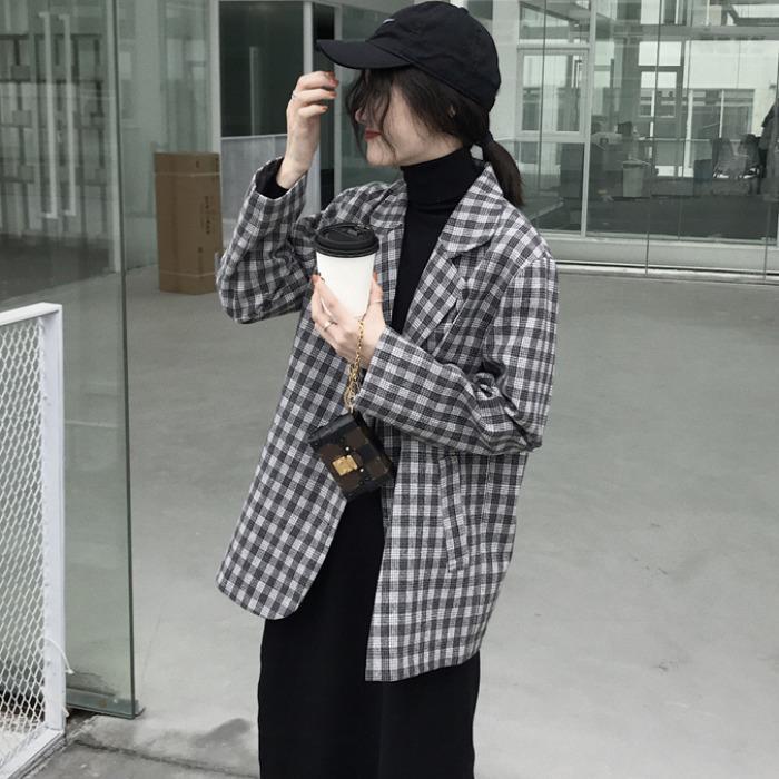韓版秋小個子網紅Chic寬鬆休閒復古格子小西裝女學生薄款西服外套