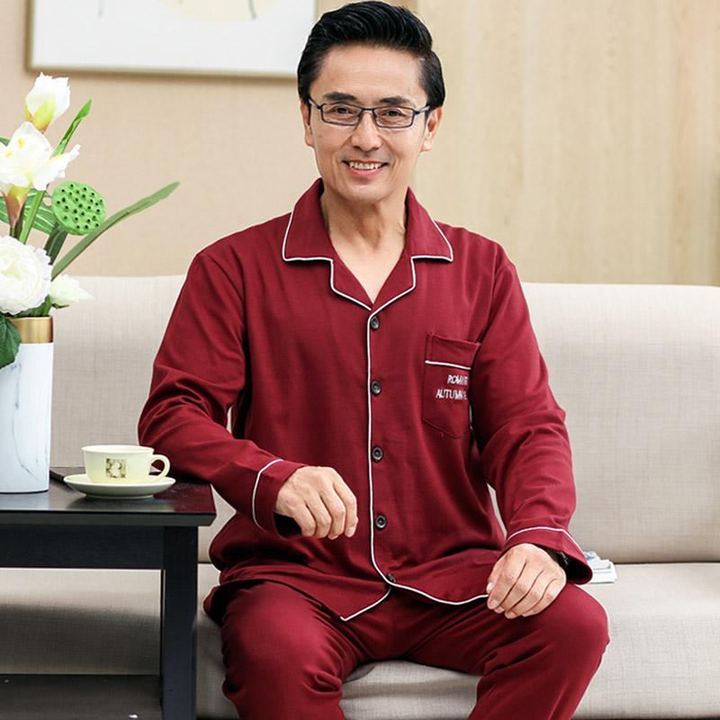 Middle-aged and elderly men spring and autumn pure cotton pajamas father long-sleeved red suit men's natal year festive home clothes