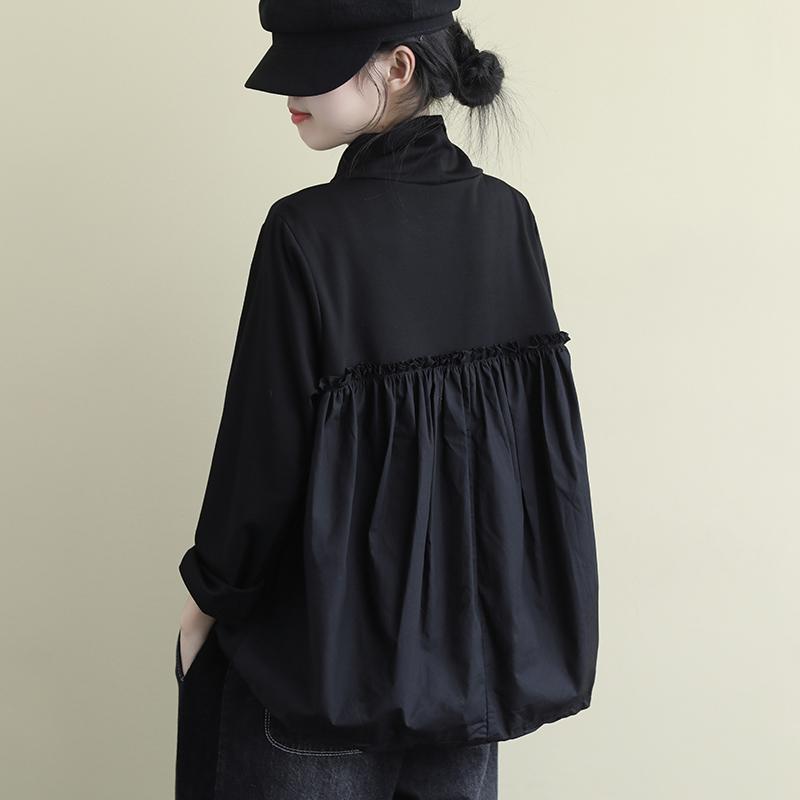 Large size loose literary long-sleeved bottoming shirt autumn new high-necked sweater women's spring splicing all-match casual T-shirt