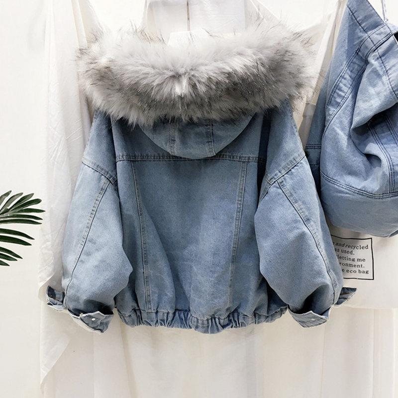 Denim cashmere Jacket Women's autumn 2020 new loose hooded winter thickened student short lamb wool cotton clothing fashion