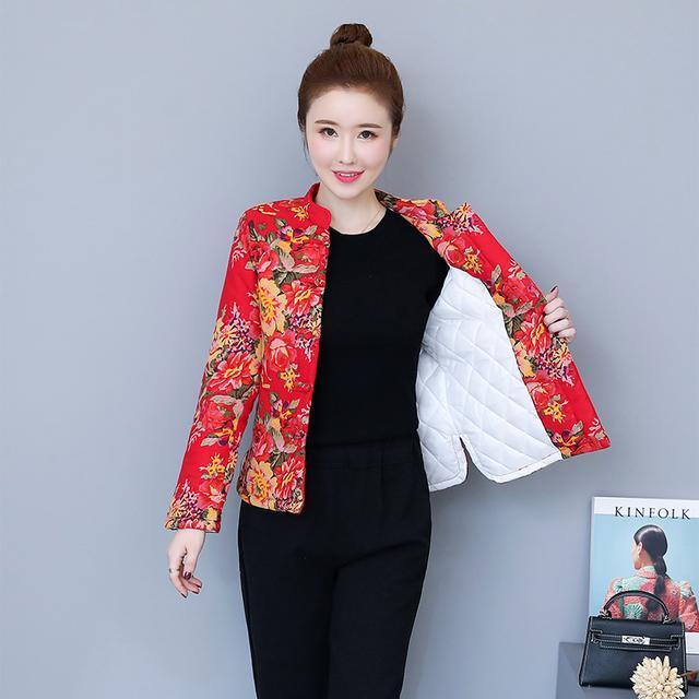 Ethnic style quilted padded jacket long-sleeved small cotton jacket women's winter retro cotton and linen printing retro buckle cotton short coat