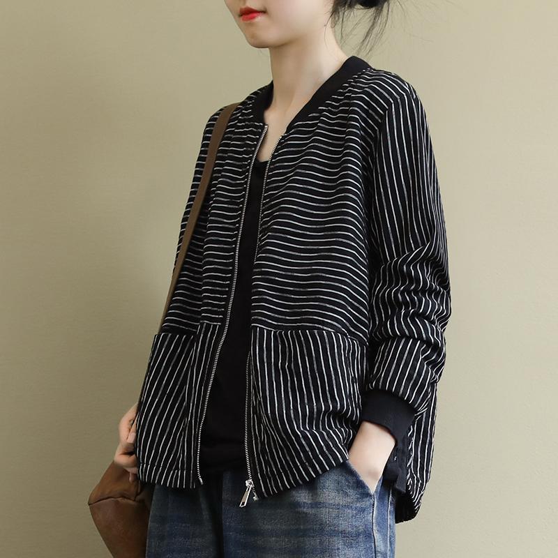 Short coat women's long-sleeved top women's 2022 new women's casual striped sweater women's baseball uniform loose spring and autumn clothing