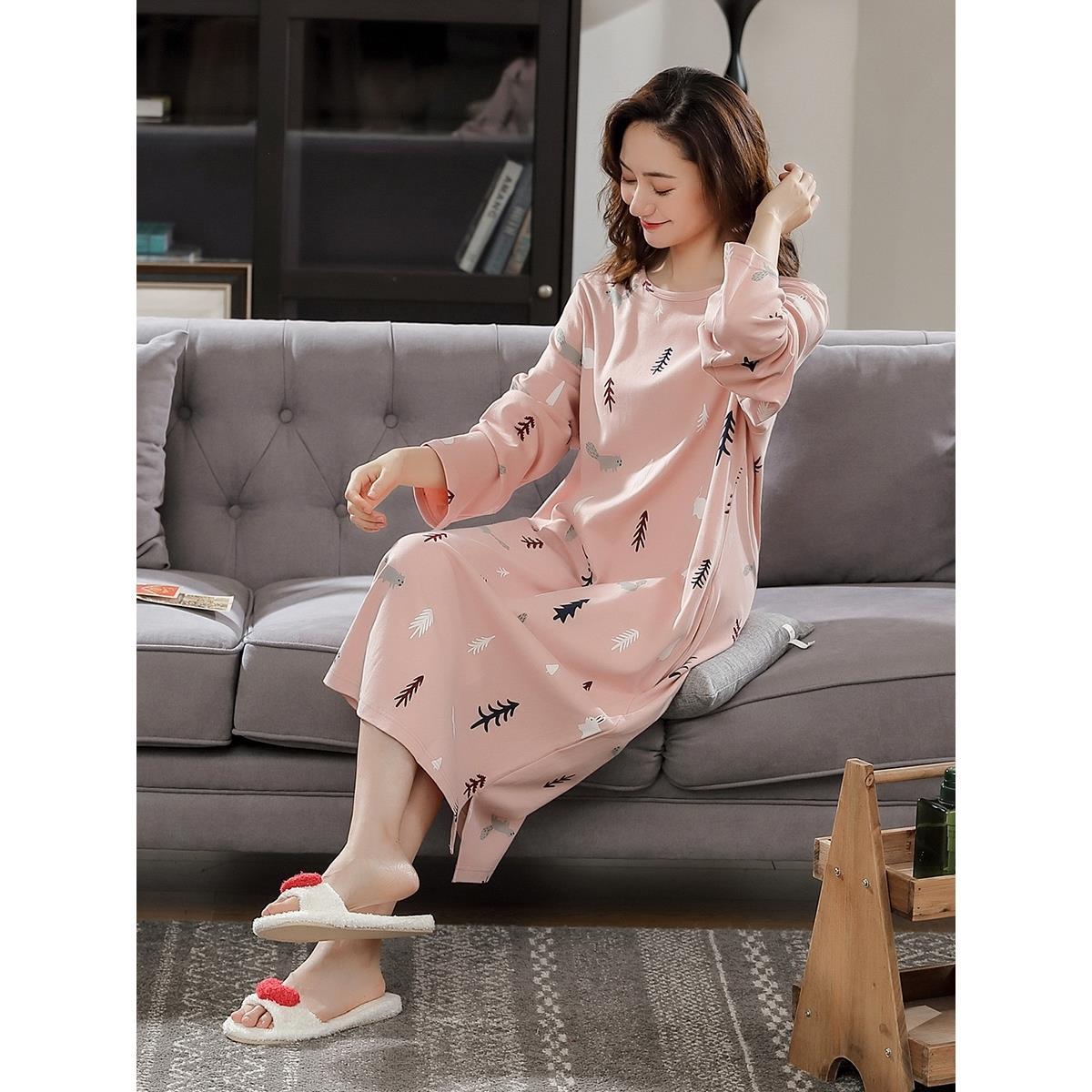 Spring and autumn long-sleeved cotton nightdress women's summer cotton over-the-knee pajamas loose long dress home service thin section