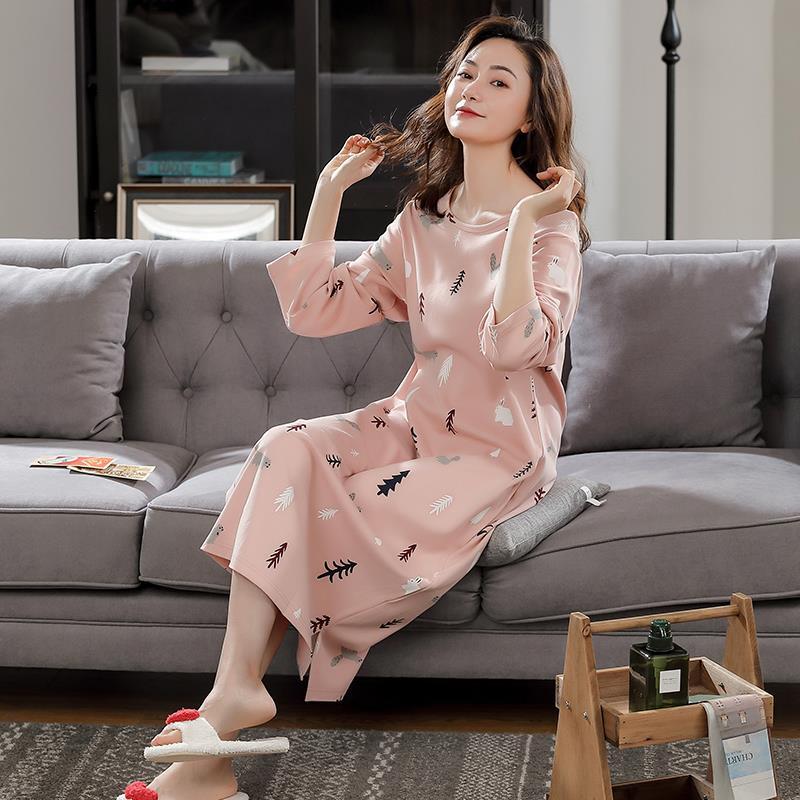 Spring and autumn long-sleeved cotton nightdress women's summer cotton over-the-knee pajamas loose long dress home service thin section
