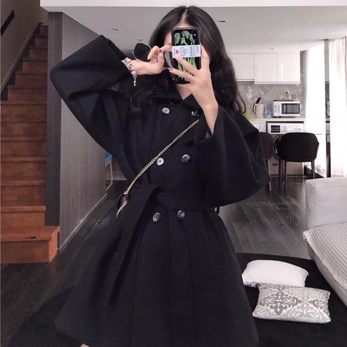 Autumn winter Korean 2020 new waist tie black long sleeve woolen coat women's short casual woolen coat