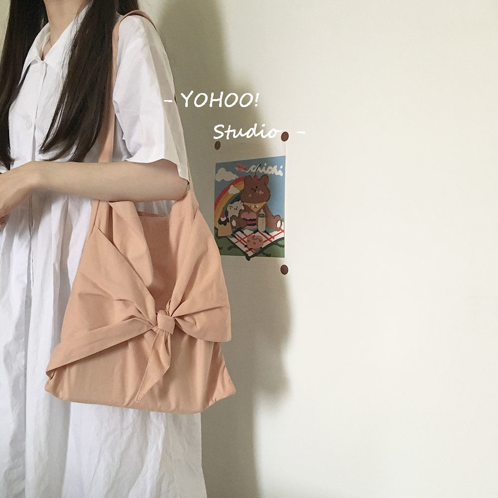 YOHOO! /chic韓系 少女心蝴蝶結設計ins純色百搭單肩帆布包布袋女
