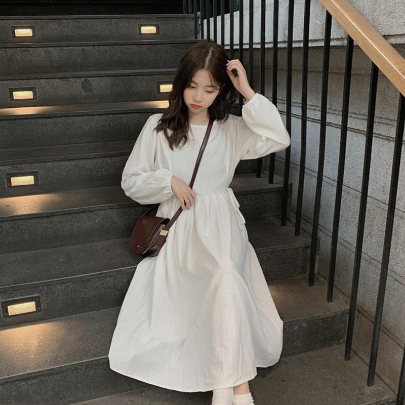 Korean style slim waist with bubble sleeve skirt A-line skirt long sleeve white dress for women autumn 2020