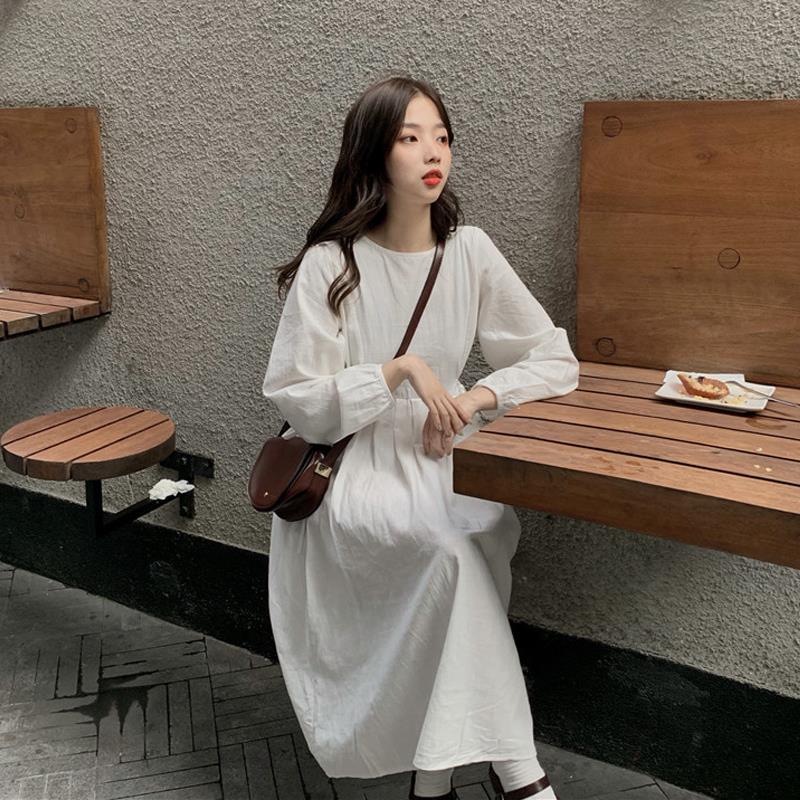 Korean style slim waist with bubble sleeve skirt A-line skirt long sleeve white dress for women autumn 2020