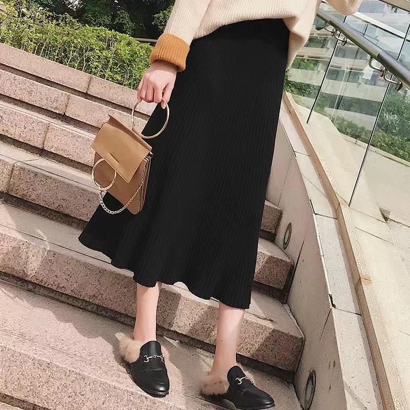Knitted skirt women's autumn / winter 2019 medium length high waist Black Slim skirt A-line pleated wool skirt