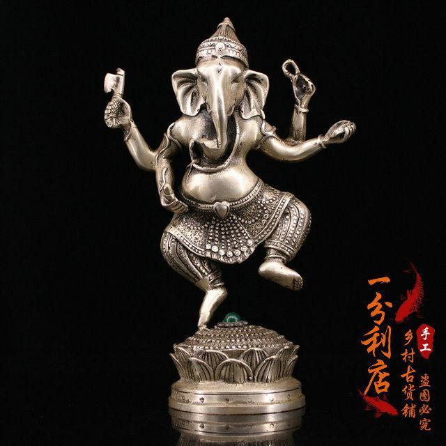 尼泊尔老银印度象鼻财神像招财风水摆件密宗藏佛泰国四臂象神摆件