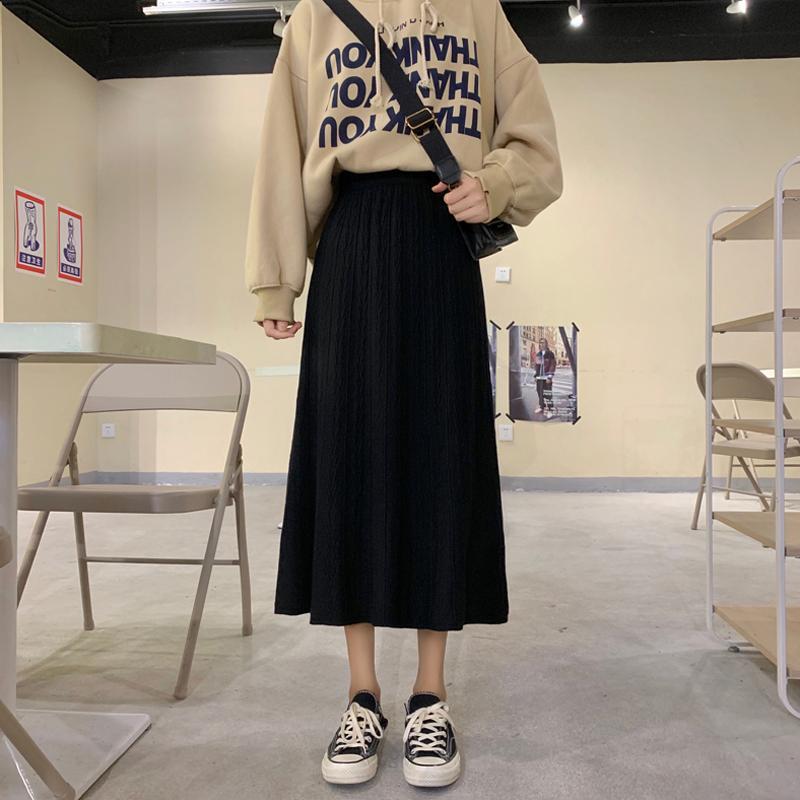 秋冬中长款遮胯裙子显瘦女针织裙高腰半身裙黑色a字裙冬天配毛衣【2月