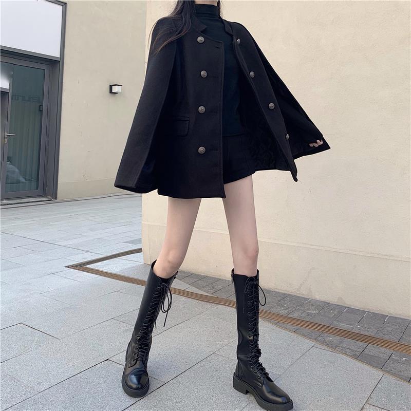 長袖斗篷毛呢外套女2023秋冬新款黑色韓版寬鬆中長款流行呢子大衣
