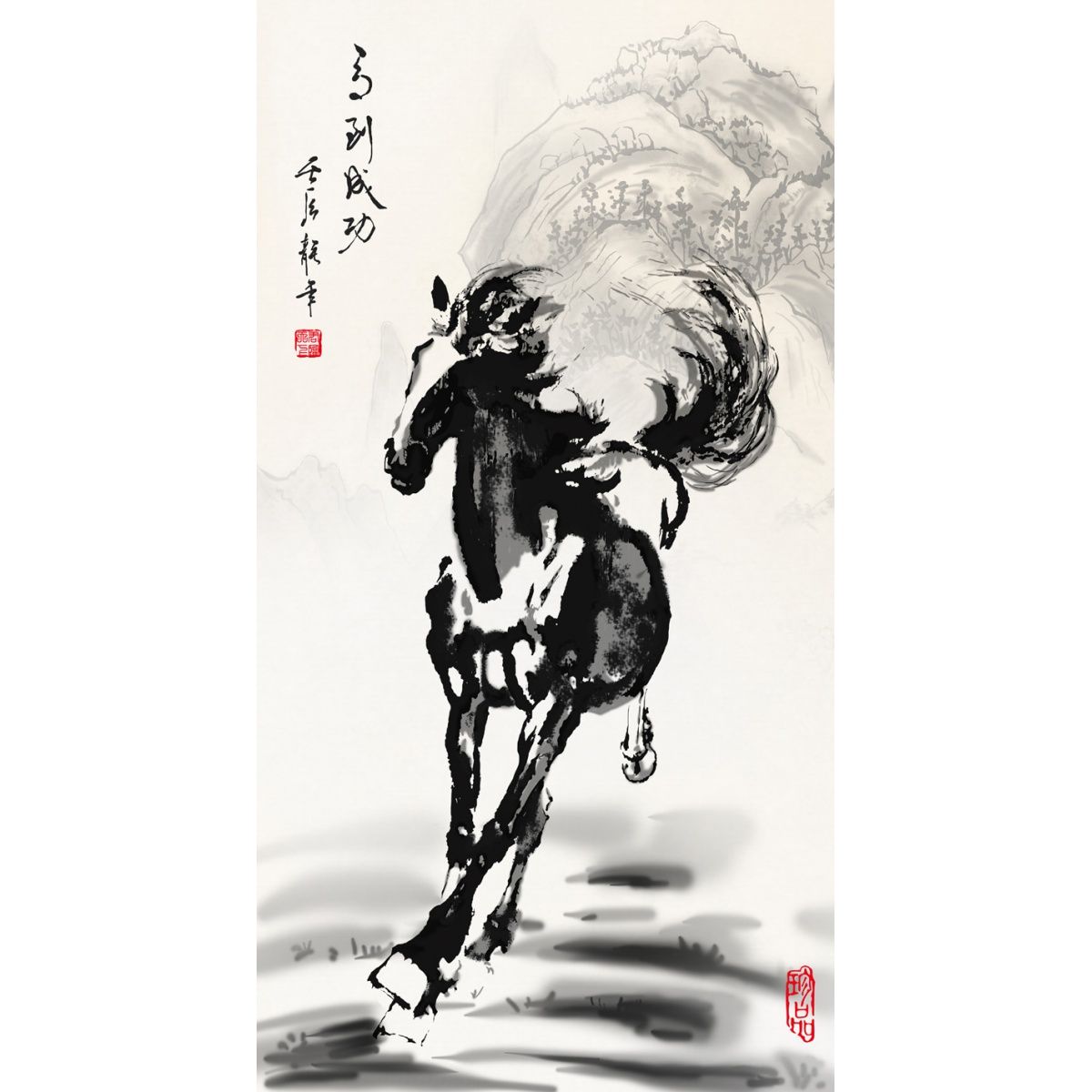 特卖 用国画马到成功徐悲鸿奔马前进八骏图家居装饰丝绸卷轴挂画