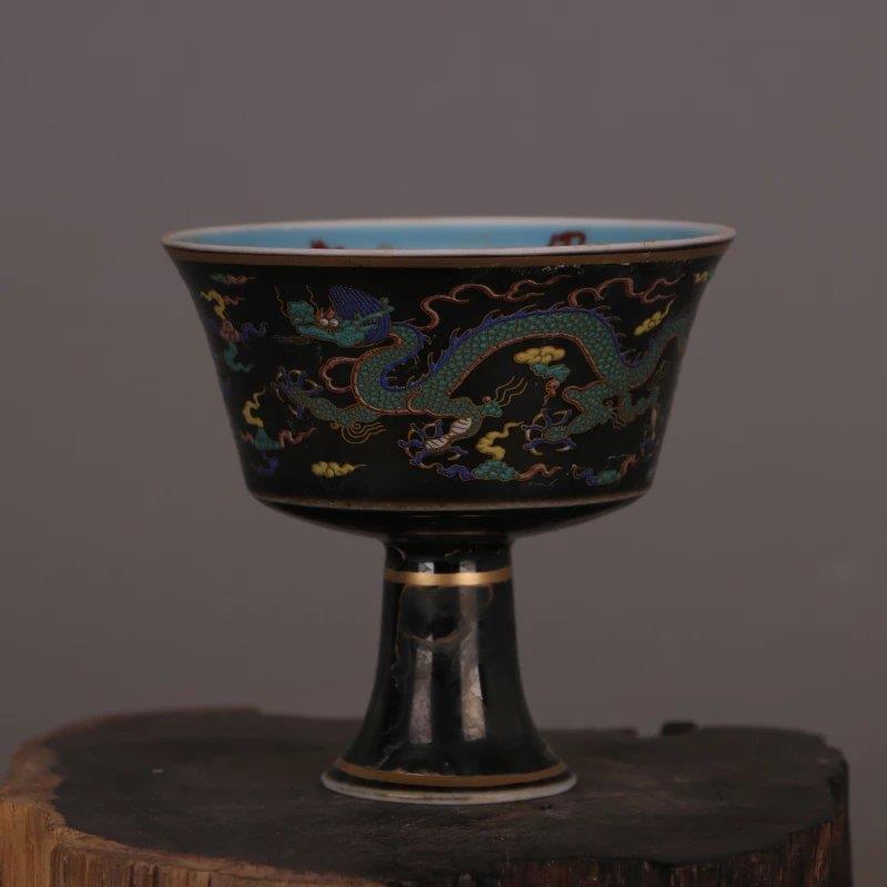 大明 成化款黑釉龙纹高脚杯子 明代旧货瓷器古玩古董收藏摆件品