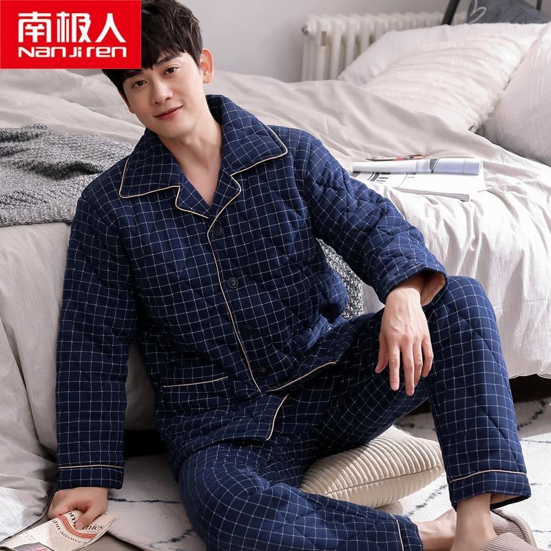 男士睡衣冬季加厚纯棉男款秋冬款全棉夹棉加棉中年爸爸家居服套装