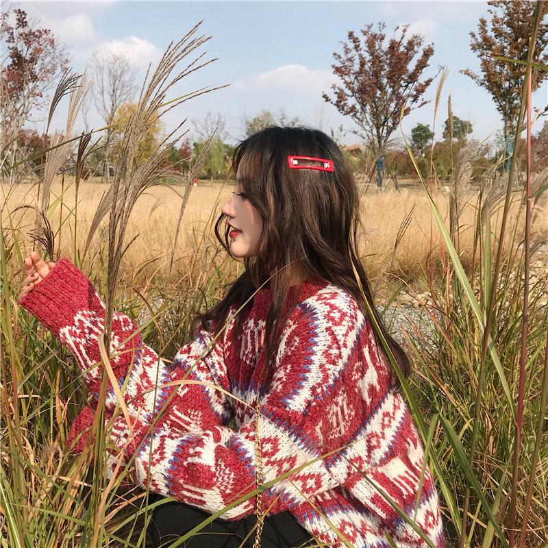 Autumn and winter New Retro lazy loose antique net red medium long Pullover thickened Christmas red sweater girl