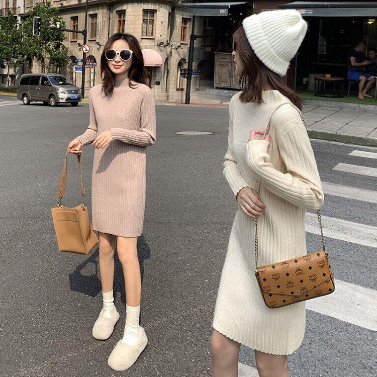 Core spun yarn knitted dress women's autumn and winter Korean Pullover half high collar mid length slim fit with undercoat wool dress
