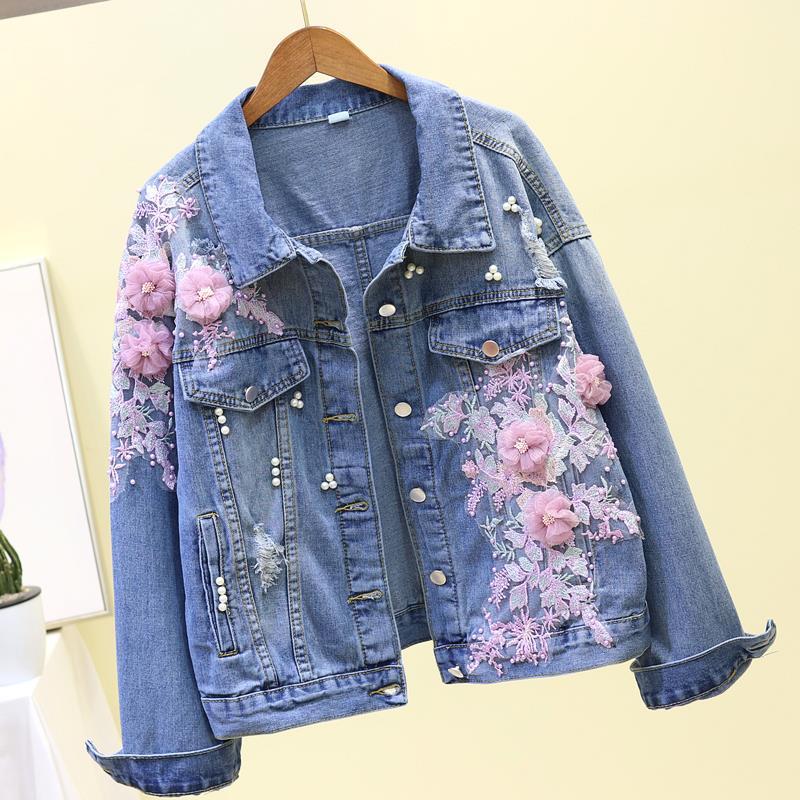 Spring and autumn 2020 new Korean heavy industry embroidery three-dimensional flower hole Denim Jacket Women's loose jacket