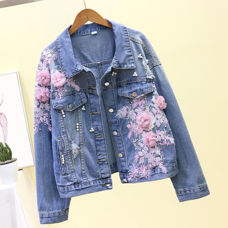 Spring and autumn 2020 new Korean heavy industry embroidery three-dimensional flower hole Denim Jacket Women's loose jacket