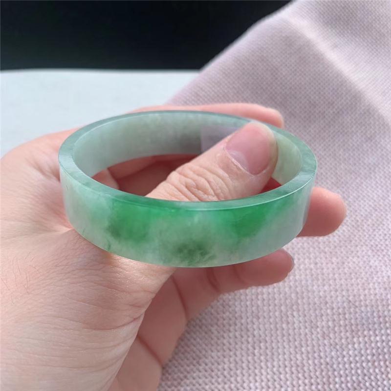 正品天然a货翡翠玉石飘绿宽边正装公主儿童49mm50圈口玉手镯子女
