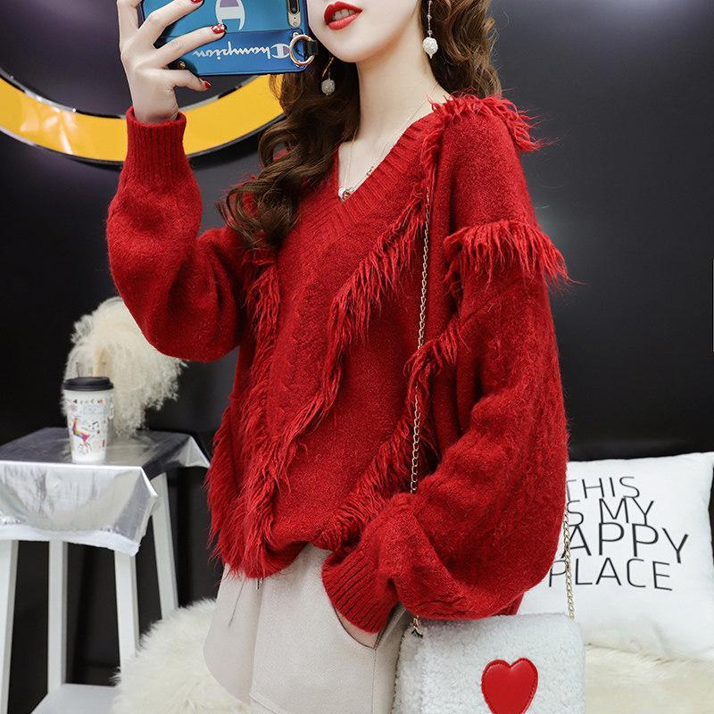 2019秋冬新款很仙的红色毛衣女宽松流苏慵懒风v领外穿圣诞上衣
