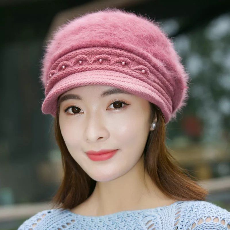 帽子女冬天韩版兔毛帽纯色鸭舌贝雷帽保暖针织毛线帽秋冬季加绒帽
