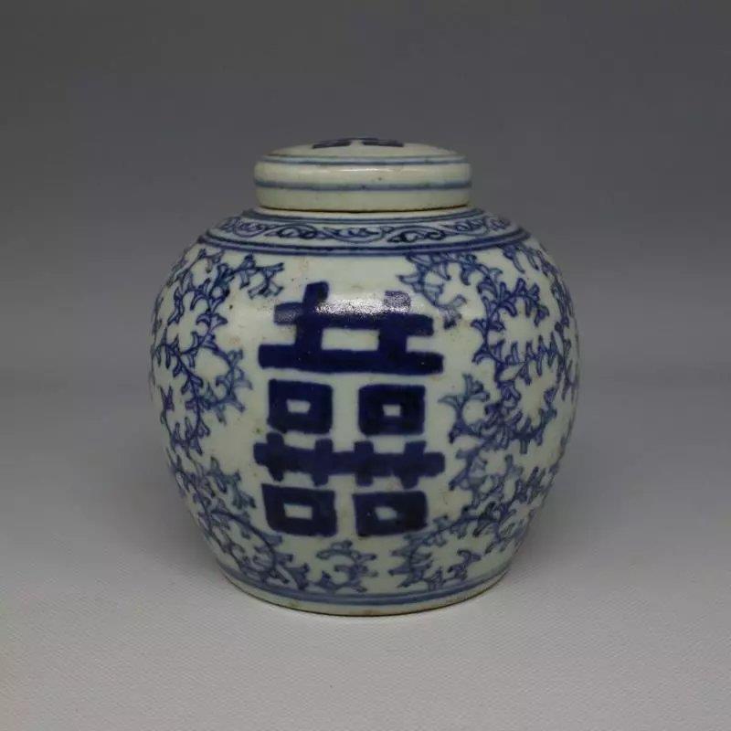 民国青花缠枝喜字茶叶罐盖罐古董古玩保真瓷包老家居摆件手工手绘