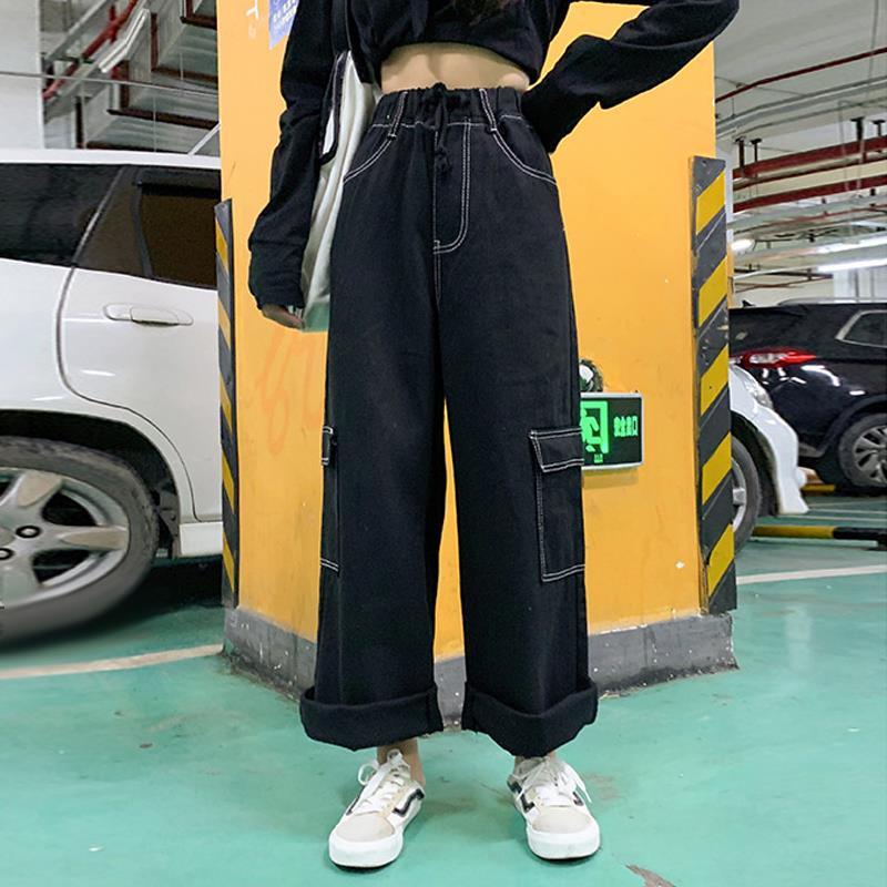 大碼寬鬆牛仔工裝褲女直筒潮ins闊腿褲胖妹妹高腰鬆緊腰bf風長褲