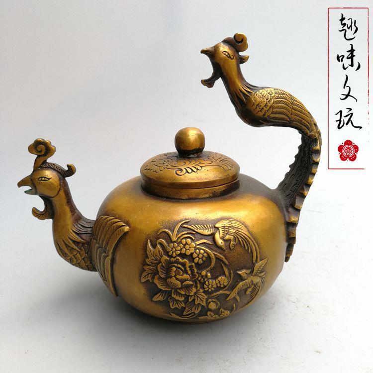 新品龙凤壶复古做旧纯铜壶招财摆件茶壶酒壶 乾隆年制凤凰牡丹壶