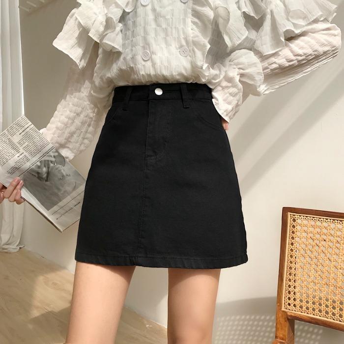 Autumn small black high waist denim skirt women's A-type Korean student buttocks one step A-line short skirt fashion