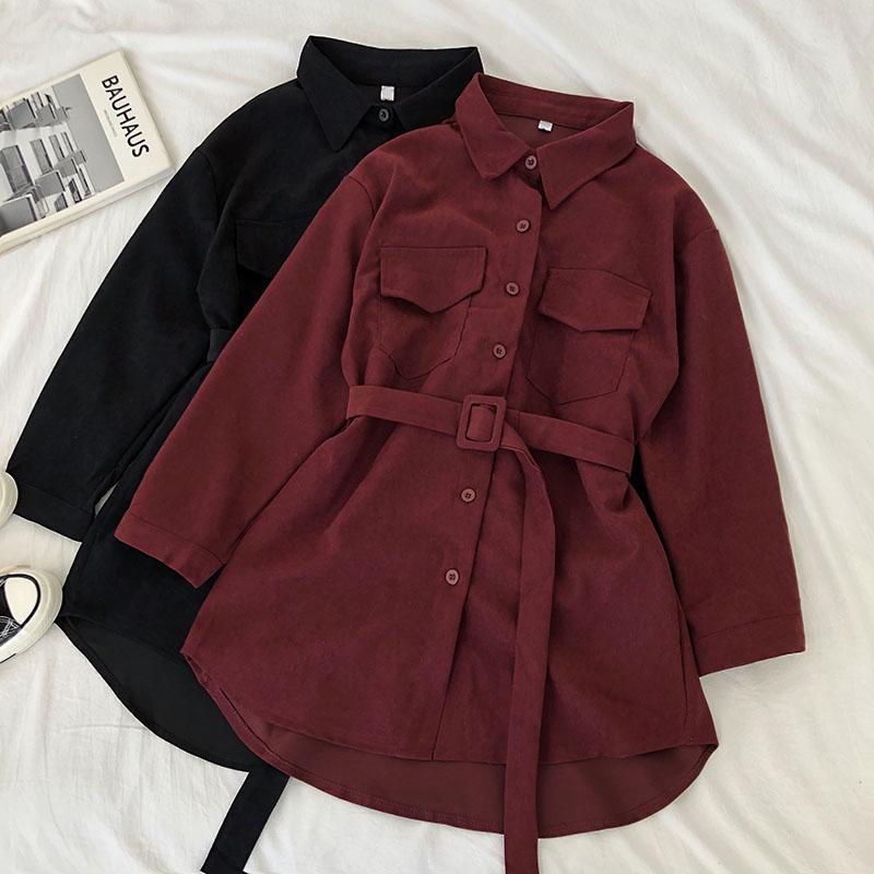 Single breasted polo collar dress women's 2020 winter wear chic corduroy loose medium length skirt with belt
