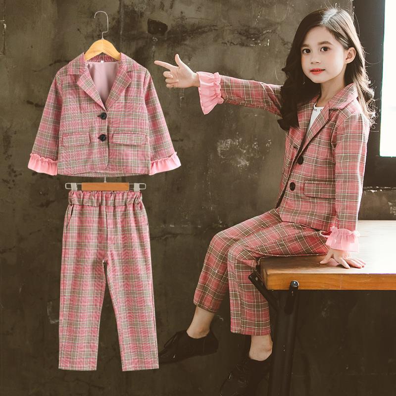 Girls' spring and autumn small suit suit 2020 new Korean work clothes: two pieces of western style Plaid suits for middle and large children