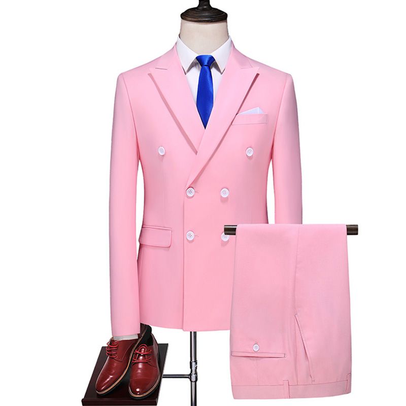 Korean pink suit men's slim double breasted British style youth trend casual and handsome Wedding Suit