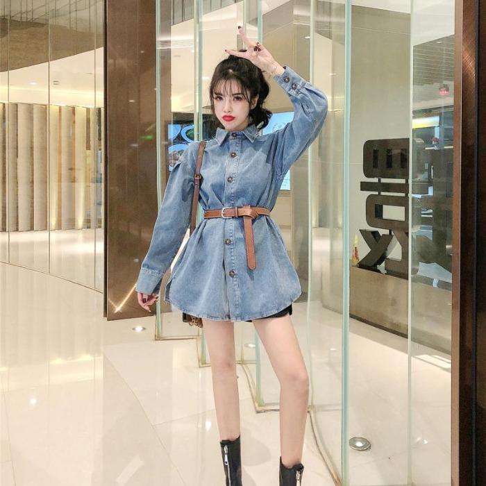 Shirt women retro Hong Kong style spring 2020 new Korean version loose medium length single breasted waist denim coat fashion
