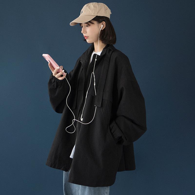 Spring and autumn women's jacket coat ins salt black Korean style trendy loose student stand-up collar BF fashion work jacket