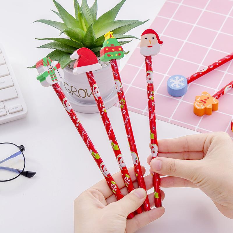 Cute cartoon christmas children pencil creativity Santa Claus with eraser primary school students learning stationery