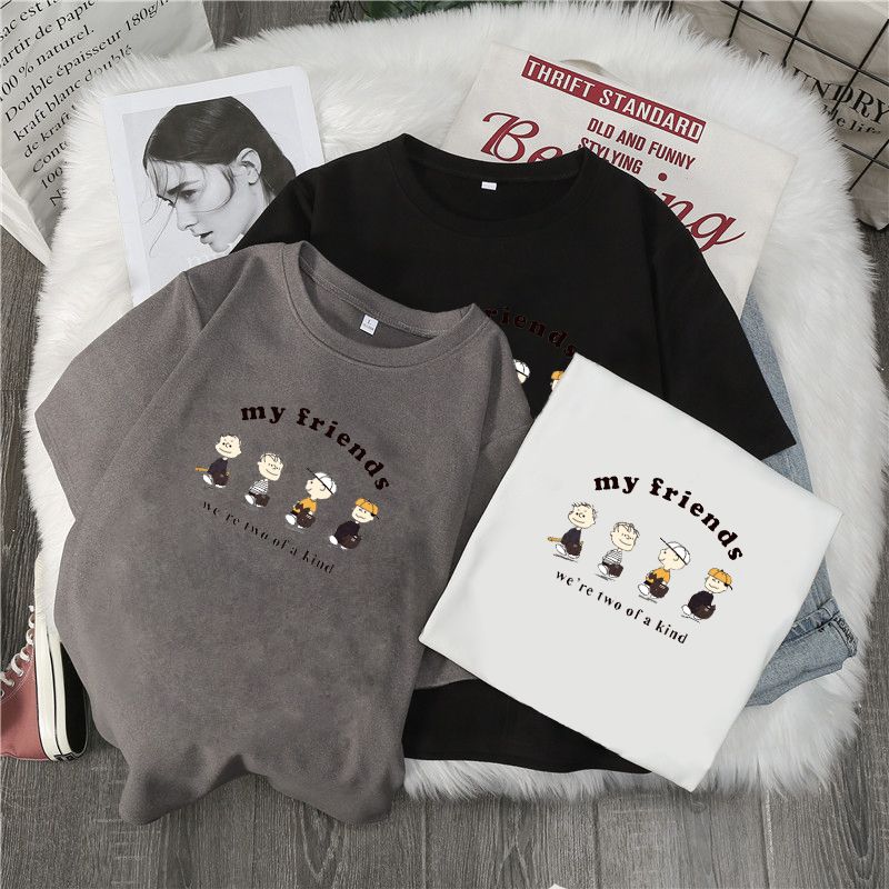 2020 spring wear ground wool short sleeve T-shirt women's thickened top loose and versatile thin base shirt cartoon simple top