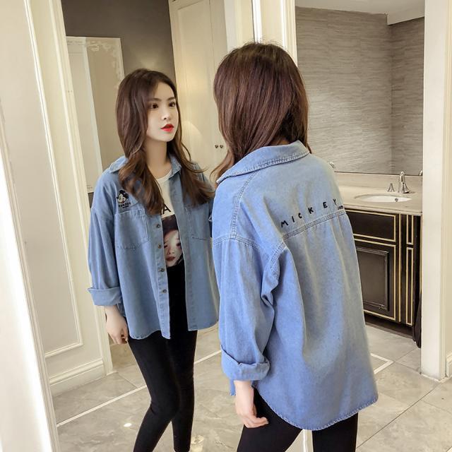 Spring and autumn 2020 new denim shirt women's thin embroidery Mickey loose Lapel shirt student's Korean jacket