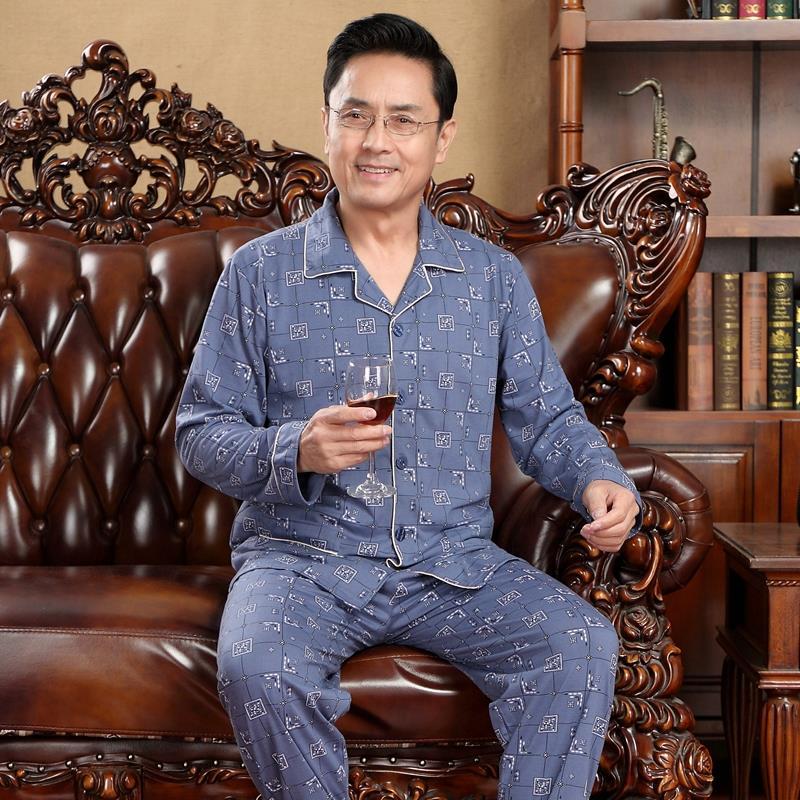 曼妮芬春秋款男士睡衣纯棉长袖加大码套装中年爸爸中老年人家居服