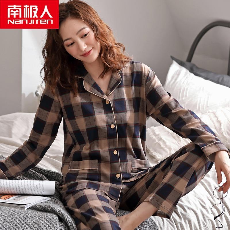 Antarctic people spring and autumn pajamas women's pure cotton long-sleeved autumn and winter models middle-aged and elderly mothers home service plaid suit summer