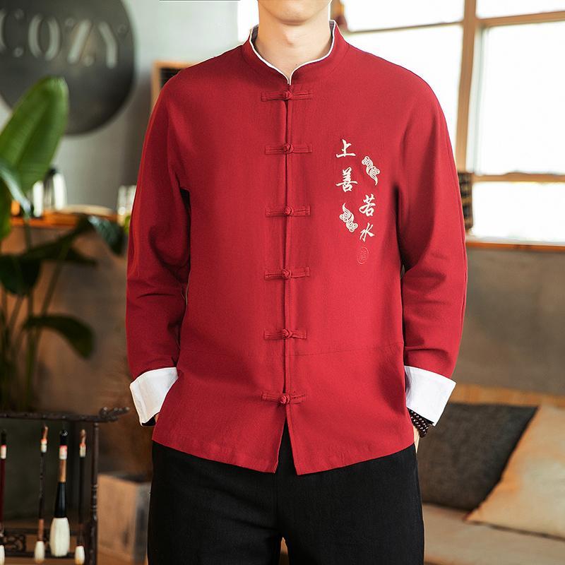 唐装男青年潮春季复古中国风大码男装汉服中式刺绣立领衬衫中山装【3