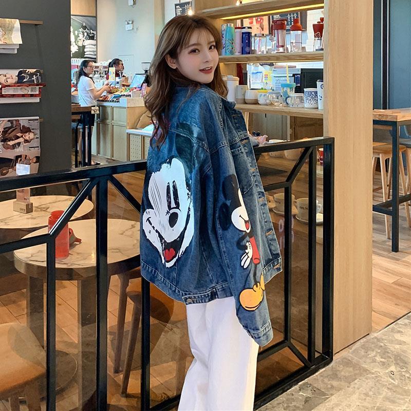 Mickey print Denim Jacket Women's spring and autumn loose Korean ins large jacket Hong Kong Style Mickey Mouse denim clothes
