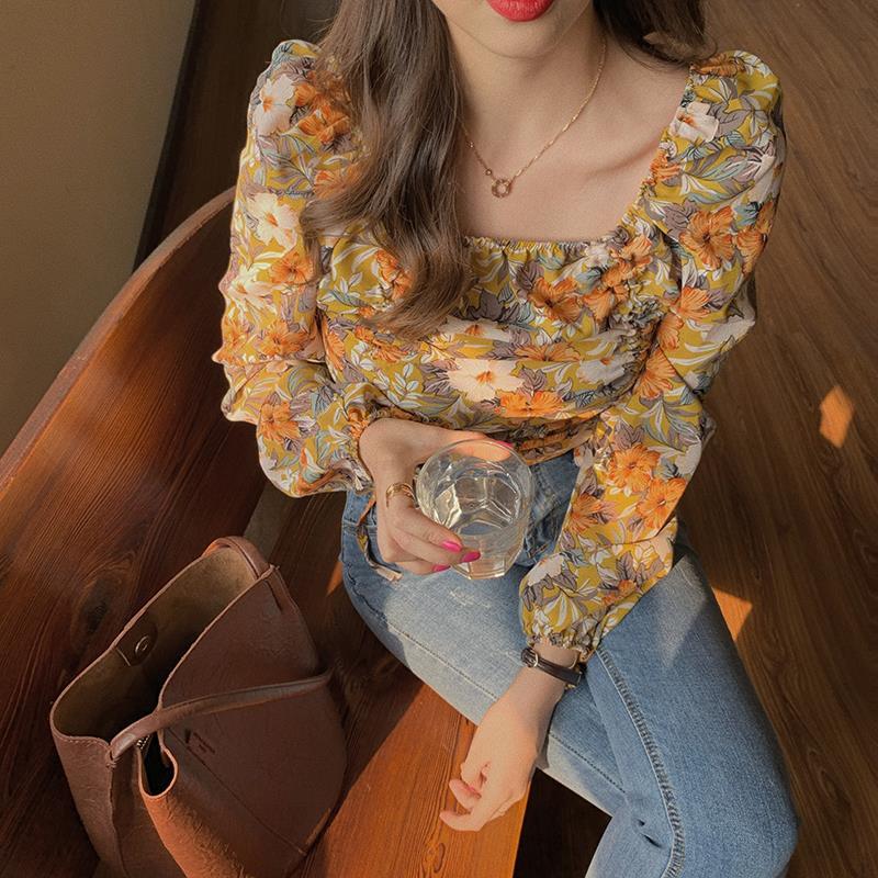 Design sense small pleated square collar slim Chiffon Long Sleeve Shirt foreign style spring and autumn Korean 2020 NEW