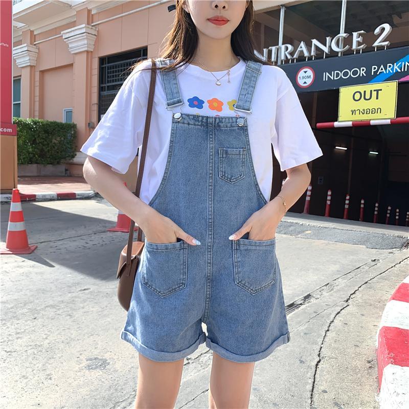 Denim suspenders shorts female summer Korean version loose and thin wide-leg students cute large size fat mm one-piece suspenders