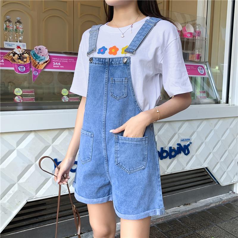 Denim suspenders shorts female summer Korean version loose and thin wide-leg students cute large size fat mm one-piece suspenders