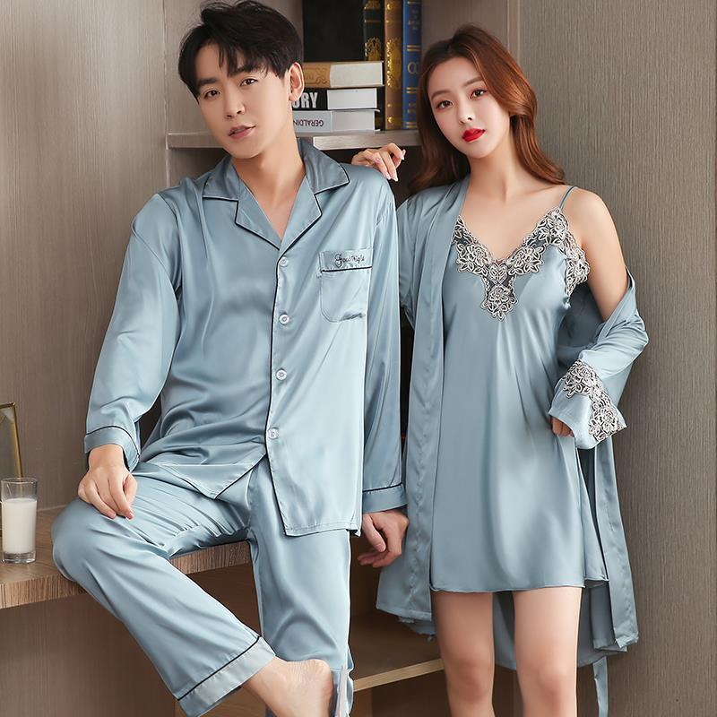 Couple's pajamas ice silk spring and summer long sleeve lace Nightgown men's silk suit solid color women's sexy suspender nightdress