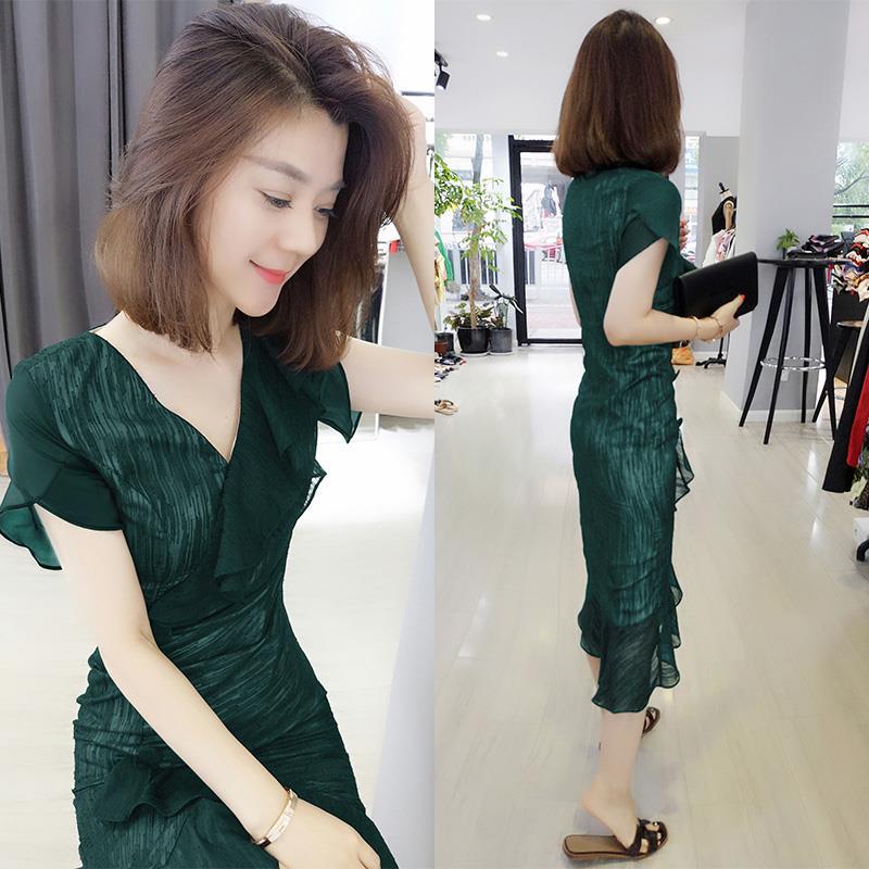欧洲站夏装女2021新款绿色鱼尾裙欧货潮收腰显瘦荷叶边连衣裙裙子